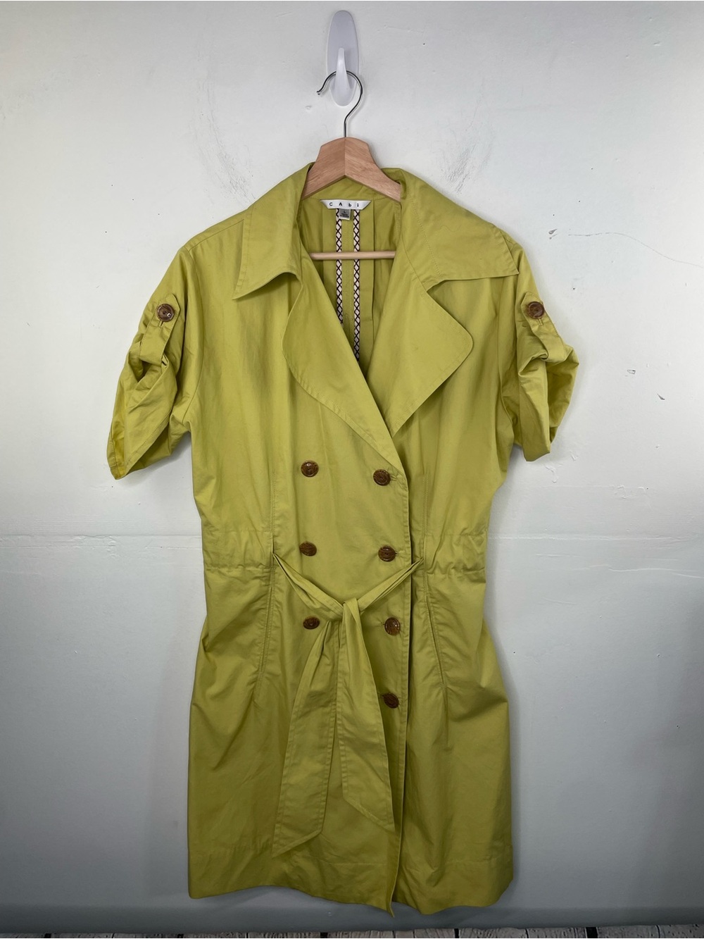 Cabi Loaquat Safari Trench Coat Dress Pockets Yellow Green Size Large Cotton - Picture 2 of 15